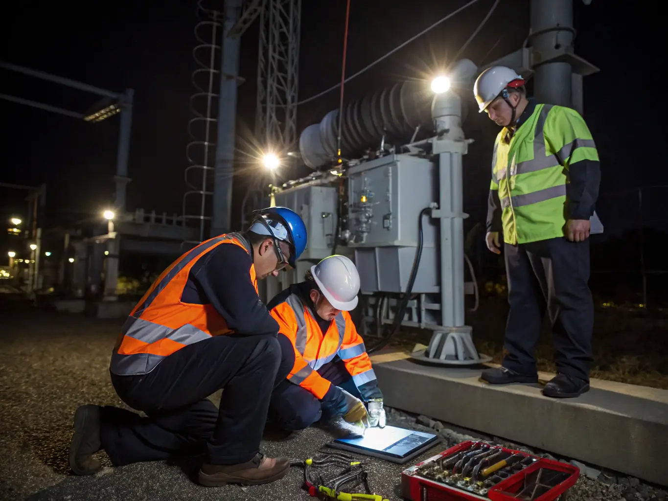 A high-angle shot of electrical engineers inspecting a newly installed high-voltage transformer at a substation, emphasizing precision and safety.